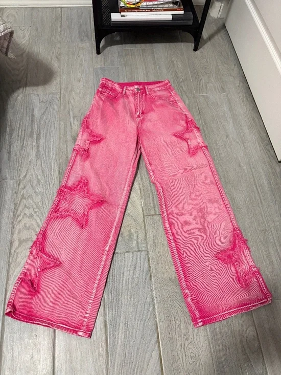 LIKE NEW! Women's SHEIN Pink Denim High Waisted Distressed Star Jeans - 25 - Picture 1 of 9